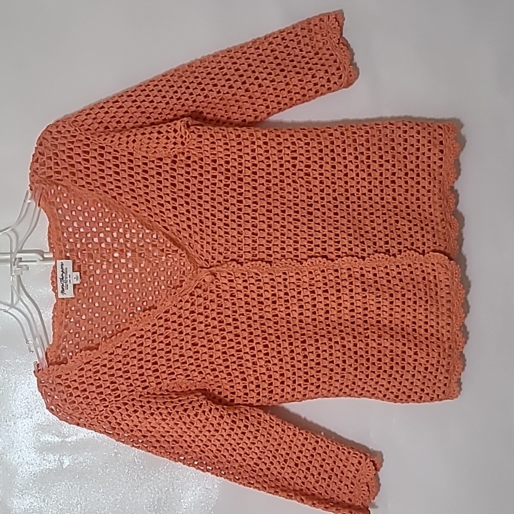 NORM THOMPSON‎ Linen Blend Coral Crochet Cardigan Sweater - Size Small